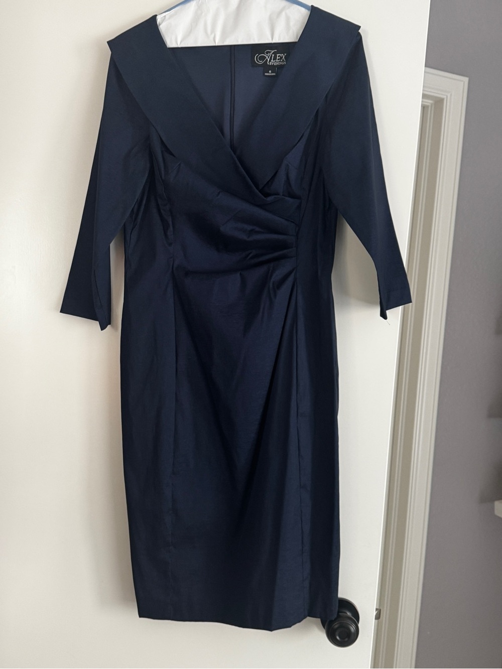 Alex Evenings Navy Wrap-Style Long Sleeve Sheath Dress